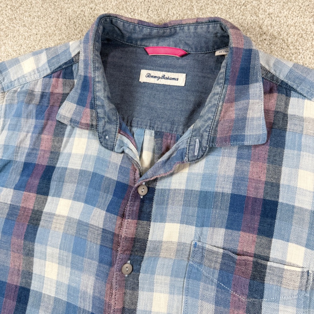 Tommy Bahama Button Down Shirt Mens XL Blue Plaid Short Sleeve Cotton
